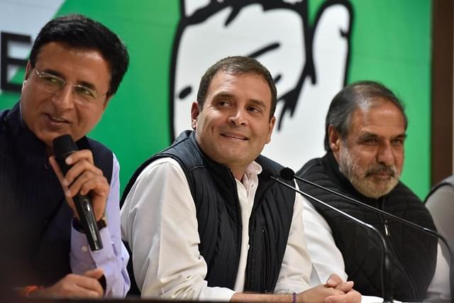 Congress president Rahul Gandhi with party leaders during a press conference after the party’s win in the assembly elections on 11 December 2018 in New Delhi. (Sanjeev Verma/Hindustan Times via GettyImages)&nbsp;