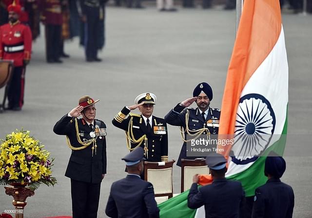 Indian Army Chief Bipin Rawat, Navy Chief Sunil Lanba and Air Force Chief Birender Singh Dhanoa. (Virendra Singh Gosain/Hindustan Times via Getty Images)