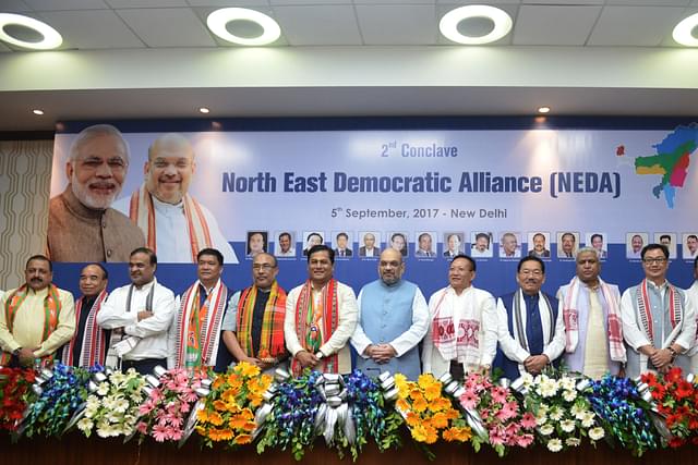 BJP president Amit Shah with Chief Minister of Arunachal Pradesh Pema Khandu, Chief Minister of Manipur N Biren Singh, Chief Minister of Assam Sarbananda Sonowal, Chief Minister of Nagaland T R Zeliang and Chief Minister of Sikkim Pawan Kumar Chamling during the 2nd Conclave of North-East Democratic Alliance (NEDA), in New Delhi. (K Asif/India Today Group/GettyImages)