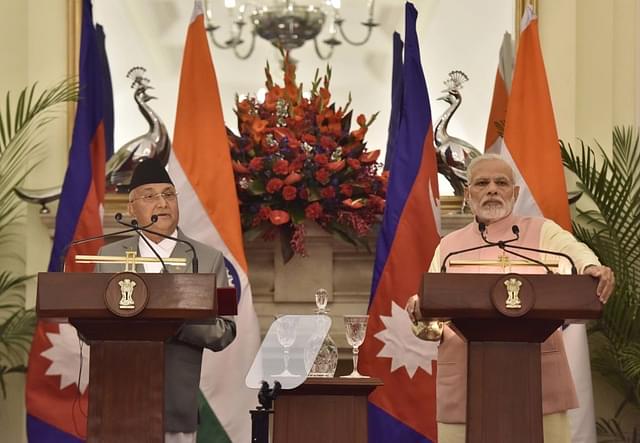  Prime Minister Narendra Modi and his Nepalese counterpart Khadga Prasad Oli. (Photo by Sonu Mehta/Hindustan Times via Getty Images)