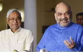 Bihar Chief Minister Nitish Kumar with BJP chief Amit Shah. (K Asif/India Today Group/GettyImages)