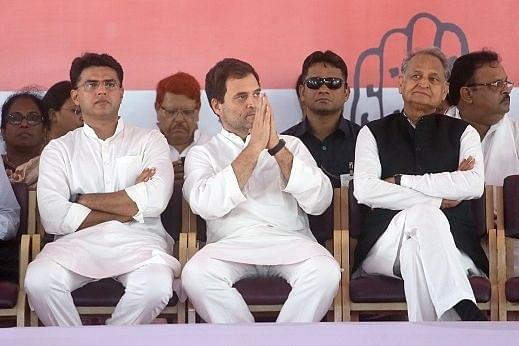 Sachin Pilot (L), Rahul Gandhi (C) and Ashok Gehlot (R) attending an election rally in Jaipur.