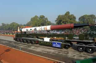 Agni 4 Missile passes through the Rajpath during the full dress rehearsal for the Republic Day Parade, in New Delhi. (via Ministry of Defence/Wikimedia Commons) 