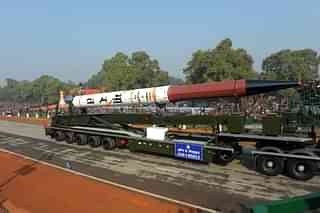 Agni 4 Missile passes through the Rajpath during the full dress rehearsal for the Republic Day Parade, in New Delhi. (via Ministry of Defence/Wikimedia Commons)&nbsp;