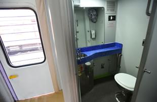 Bio-degradable toilet inside model rake of luxury ‘Make in India’ railway coaches (Raj K Raj/Hindustan Times via Getty Images)
