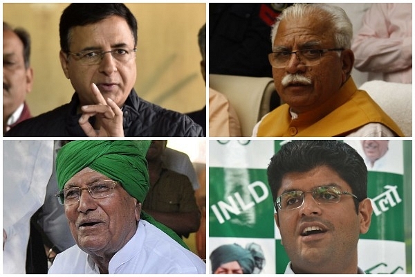 (Clockwise from top-left) Randeep Surjewala, Congress spokesperson, Manohar Lal Khattar, BJP chief minister, Om Prakash Chautala, INLD chief; Dushyant Chautala, JJP chief.&nbsp;