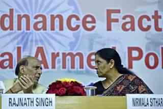 Defence Minister Nirmala Sitharaman and Home Minister Rajnath Singh at an event organised by the Defence Research and Development Organisation at the DRDO Bhawan on September 7, 2017 in New Delhi, India. (Photo by Arun Sharma/Hindustan Times via Getty Images)