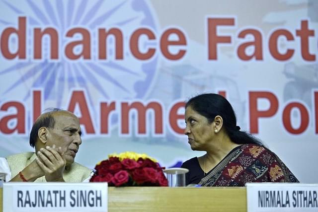 Finance Minister Nirmala Sitharaman and Defence Minister Rajnath Singh at an event organised by the Defence Research and Development Organisation at the DRDO Bhawan on September 7, 2017 in New Delhi, India. (Photo by Arun Sharma/Hindustan Times via Getty Images)