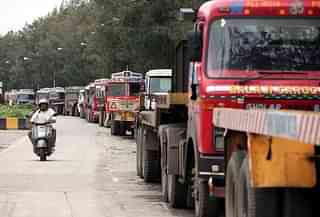 Trucks lined up at Wadala Truck Terminal in Mumbai. (Photo by Kunal Patil/Hindustan Times via Getty Images)
