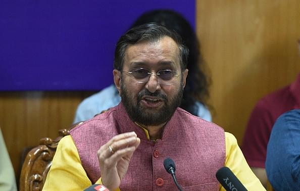HRD Minister Prakash Javadekar speaking at a press conference in New Delhi. (Photo by Mohd Zakir/Hindustan Times via Getty Images)