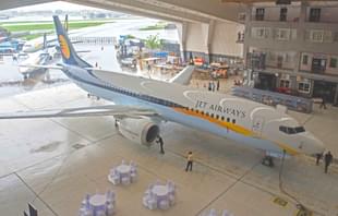 Jet Airways displaying India’s first Boeing 737 Max aircraft at Jet Airways Hangar, Santacruz, Mumbai. (Satyabrata Tripathy/Hindustan Times via GettyImages) 