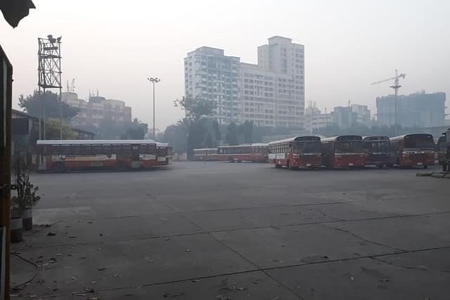 Fifth day of strike by BEST bus employees over demands of implementation of the merger of the BEST budget with principal budget of the BMC, employee service residences etc; Visuals from Dharavi BEST depot. Image courtesy of ANI.&nbsp;
