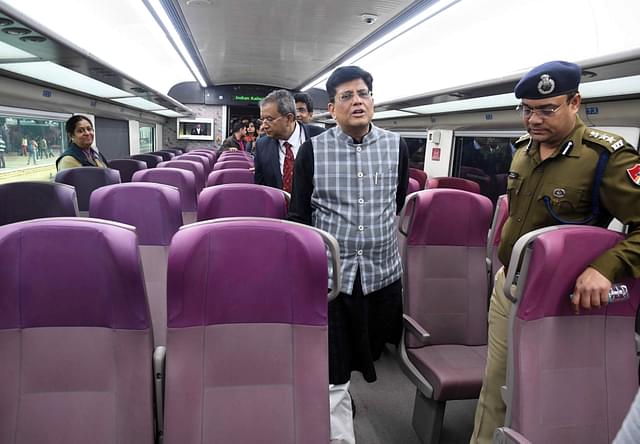 Railway Minister Piyush Goyal inspecting Train 18 (Source: Photo by Qamar Sibtain/India Today Group/Getty Images)