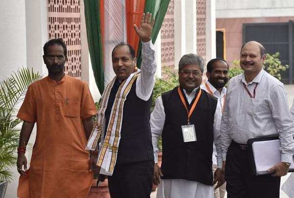 Chief Minister of Himachal Pradesh Jai Ram Thakur waives to the crowd. (Sonu Mehta/Hindustan Times via Getty Images)