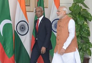 Prime Minister Narendra Modi with Maldivian President Ibrahim Mohamed Solih. (Pankaj Nangia/India Today Group/Getty Images)