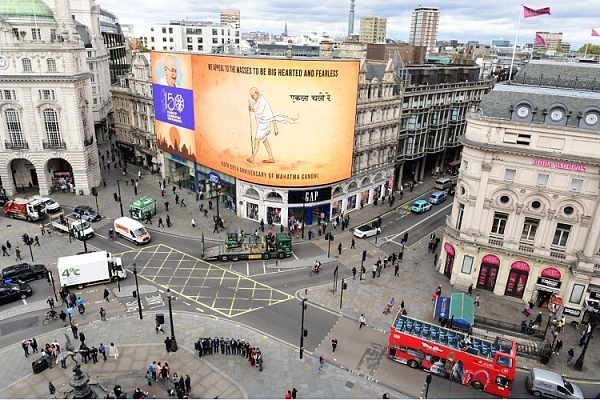 A projection of Mahatma Gandhi at Piccadilly Circus, London. (Pic via High Commission of India London website)