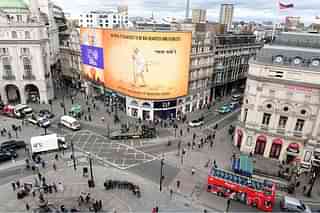 A projection of Mahatma Gandhi at Piccadilly Circus, London. (Pic via High Commission of India London website)