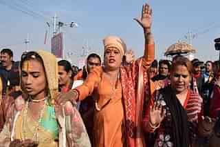 Transgender ‘Kinnar Akhara’ members preparing to take the ‘Shahi Snan’ at Prayagraj (Satyam Shrivastav/Hindustan Times via Getty Images)