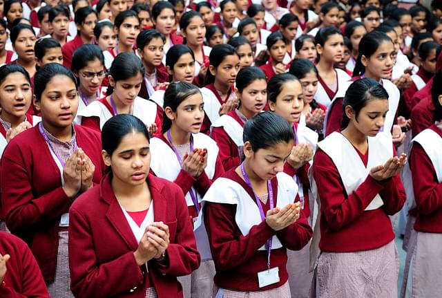 Girls participating in morning prayer meeting at Sarvodaya Kanya Vidyalaya in New Delhi, India. (Priyanka Parashar/Hindustan Times via Getty Images)&nbsp;