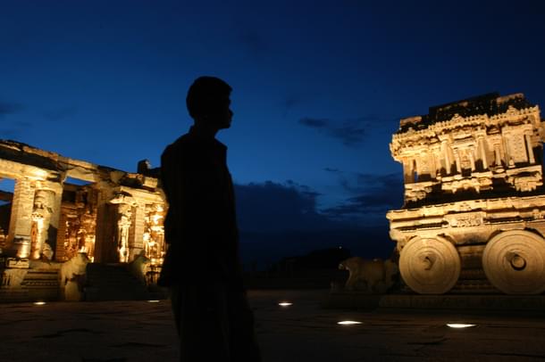 Illuminated stone chariot in Vittala Temple, Hampi. (Photo by Gireesh Gv/The India Today Group/Getty Images)