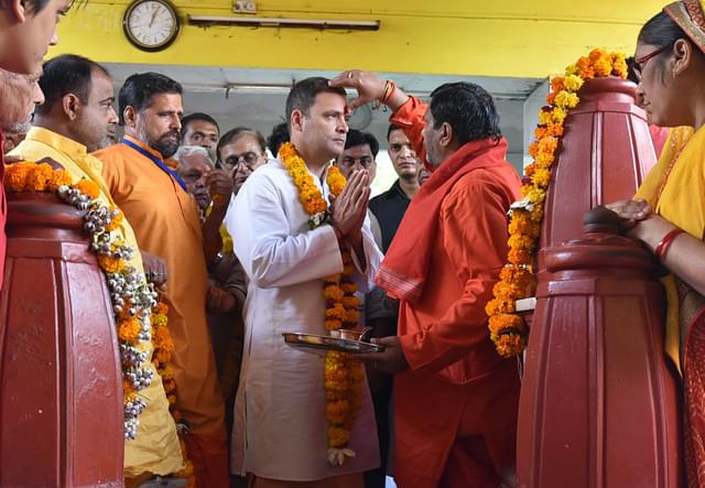 Congress President Rahul Gandhi during his visit to Pitambara Peeth Temple on October 15, 2018 in Datia, India. (Photo by Mujeeb Faruqui/Hindustan Times via Getty Images)&nbsp;