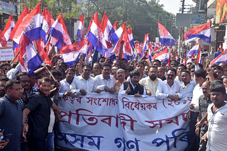 Members of Asom Gana Parishad at a protest rally in Guwahati against the Centre’s bid to pass the CAB. (Rajib Jyoti Sarma/Hindustan Times via GettyImages)
