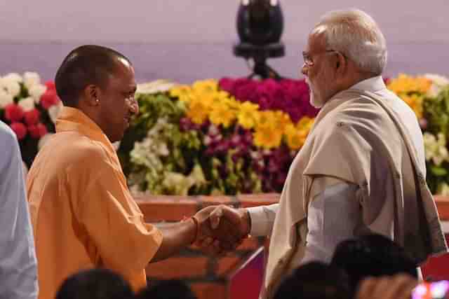 Prime Minister Narendra Modi and Uttar Pradesh Chief Minister Yogi Adityanath  in Lucknow. (Subhankar Chakraborty/Hindustan Times via GettyImages)&nbsp;