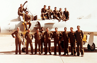 The first batches of Mirage pilots in France for training in the eighties. Ahluwalia is fourth from right, standing &nbsp;
