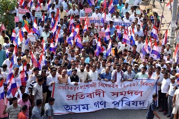 Members of Asom Gana Parishad take out a protest rally against the Centre’s bid to pass the Citizenship (Amendment) Bill, 2016, in Guwahati. (Rajib Jyoti Sarma/Hindustan Times via GettyImages)