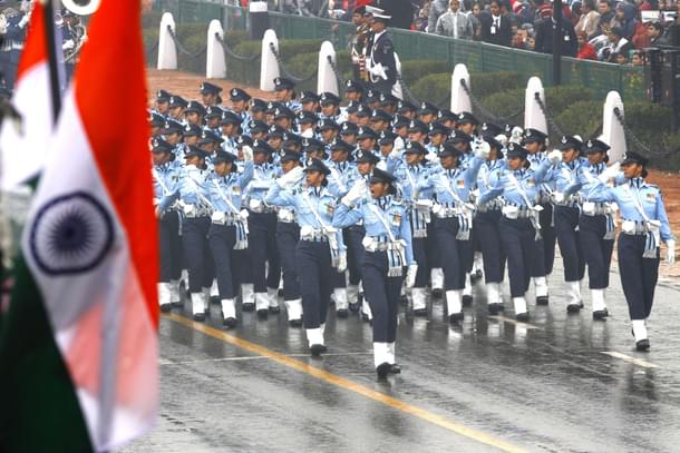 Women contingent march past during the ceremony of 66th Republic Day of India, at Rajpath, on January 26, 2015 in New Delhi, India. (Ajay Aggarwal/Hindustan Times via GettyImages) 