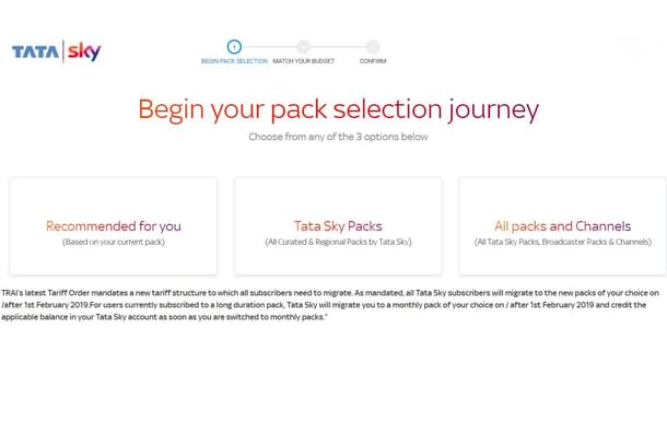 Tata Sky pack selection (Official website)