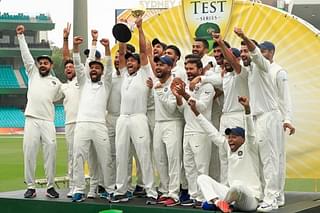The Indian Cricket Team celebrate winning the Border-Gavaskar trophy after fourth Test match at Sydney Cricket Ground (Mark Evans/Getty Images)