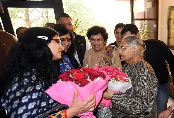 Sheila Dikshit being greeted by her supporters on her appointment as Delhi PCC chief. (Photo by Amal KS/Hindustan Times via Getty Images)