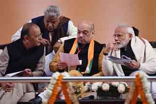  Prime Minister Narendra Modi along with BJP National President Amit Shah and Finance Minister Arun Jaitley on the second day of BJP National Executive Meet, at Ramlila Maidan, on January 12, 2019 in New Delhi (Raj K Raj/Hindustan Times via Getty Images)