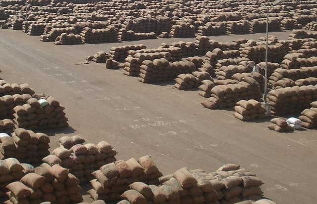 Foodgrains stored at a market yard in Gondal, Gujarat.