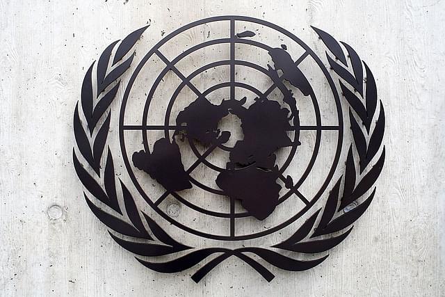 The United Nations emblem at the United Nations Office (UNOG) in Geneva, Switzerland. (Johannes Simon/Getty Images)