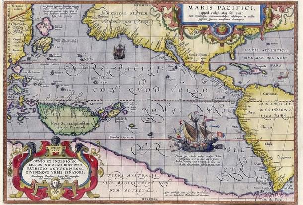 Maris Pacifici by Ortelius (1589). One of the first printed maps of the Pacific Ocean