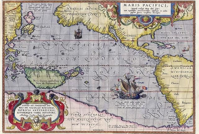 Maris Pacifici by Ortelius (1589). One of the first printed maps of the Pacific Ocean