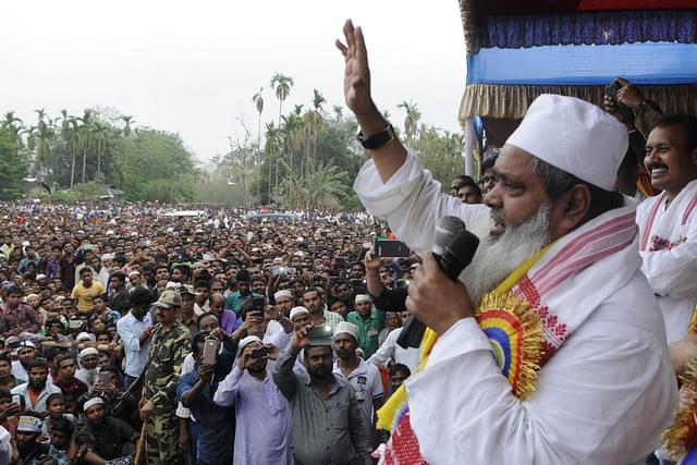 Badruddin Ajmal, patriarch of India’s richest agar oil exporting family and Chief of AIUDF, during an election rally at Gossaigaon Telipara,  in Assam. (Subhendu Ghosh/Hindustan Times via GettyImages)&nbsp;