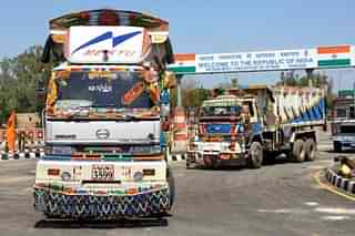 Pakistani trucks passing through the India-Pakistan Attari-Wagah. (PTI)