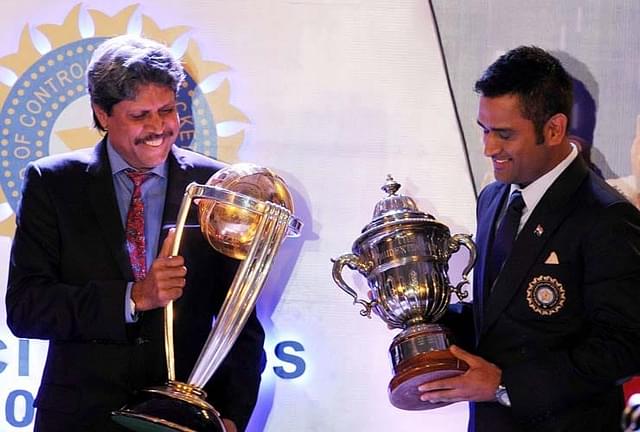 Kapil Dev led the 1983 Cricket World Cup winning team, and Mahendra Singh Dhoni led the 2011 winning team. (Image via Neha Jha/Facebook)