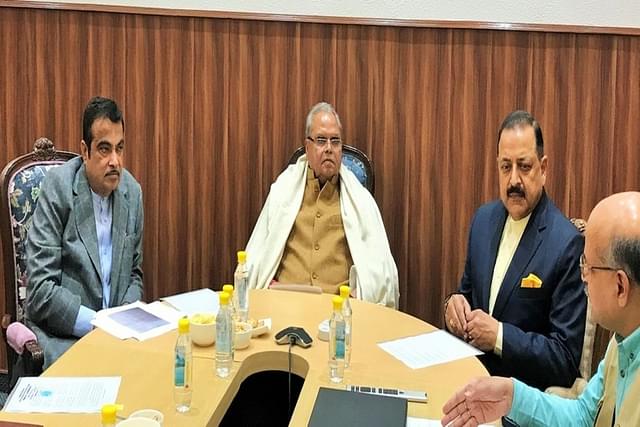 J&amp;K Governor Satya Pal Malik along with Union Ministers Nitin Gadkari and Dr Jitendra Singh (@DrJitendraSingh/Twitter)