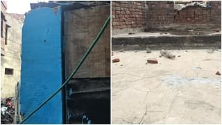 Left, bullet marks on the wall of Arun’s house. Right, bottles that he says were filled with acid still lie on the terrace.