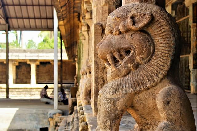 Some pillars with lion base in the corridor of Sambandar temple, Sirkazhi.