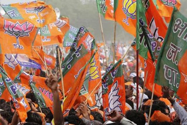 BJP supporters raise party flags at a rally.