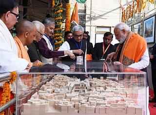 Prime Minister Narendra Modi, Chief Minister Yogi Adityanath with the model of the Kashi corridor project