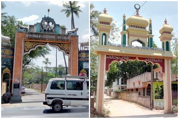Apparent changes: with the Thiruvavaduthurai Adheenam leasing out plots of land to Muslims, an arch of a mosque (right) has come up at the mutt’s entrance. This has resulted in the Adheenam using the rear for entry and exit where its arch still exists.