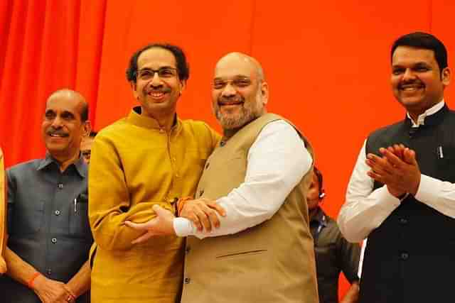 BJP President Amit Shah with Shiv Sena Chief Uddhav Thackeray And Maharashtra CM Devendra Fadnavis (@BJP4India/Twitter)