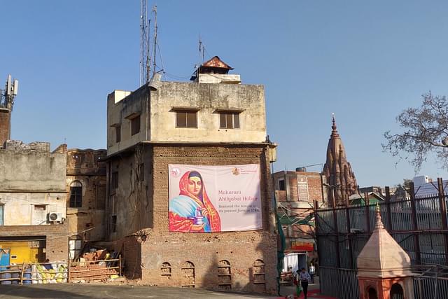 Ahilya Bai Holkar’s poster on a building in the Kashi temple premises.&nbsp;