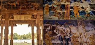 The completely faded  paintings depicting the incidents in the life of a great seer in the <i>mandapam </i>adjacent to the temple pond associated with Sambandar.